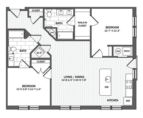 Floor plan for 2 beds, 2 baths, 1192 sqft